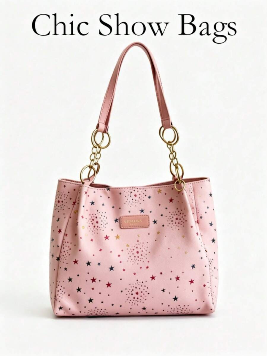 Shoulder Tote Bag, Colorful Star Pattern, Dual Shoulder Straps With Leather Label, Large Capacity Daily Storage, Sweet Casual Style, Suitable For Spring And Summer Daily Use, Women's And Girls'