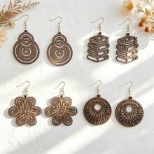 4 Pairs Women's Daily Vacation Commute Hollow Vintage Fashion Carved Personalized Wooden Dangle Earrings - Gold Hoop Earrings - View 7