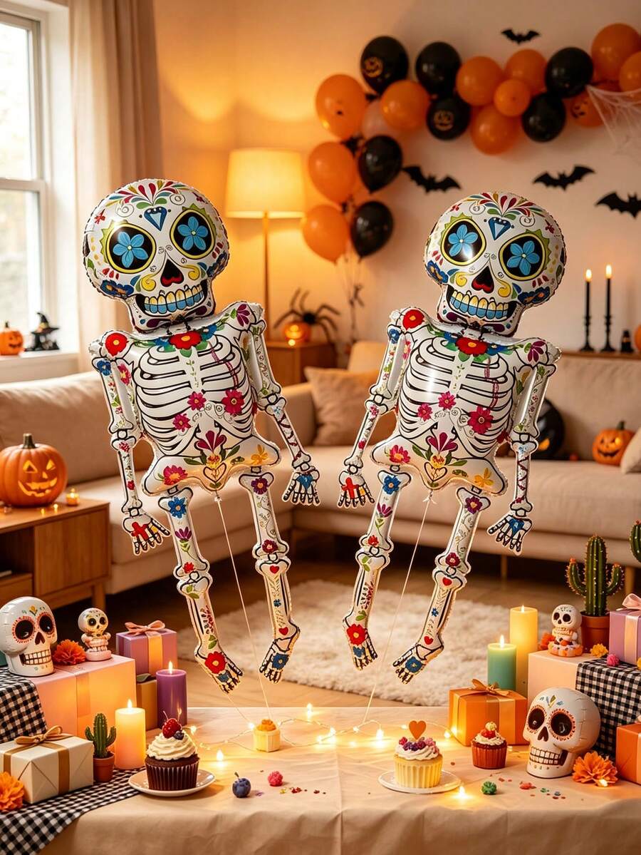 2pcs 120cm Halloween Mexican Day Of The Dead Floral Pattern Skeleton Foil Balloons, Halloween Party Decoration Balloons - Flower Skull - View 1