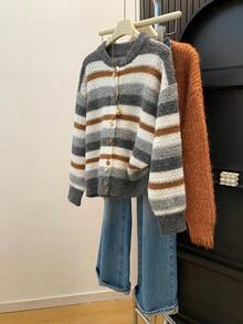 Women's Colorblock Striped Cardigan, Round Neck Button Sweater Top, Suitable For Halloween, Thanksgiving And Christmas Outfits - Grey - View 9