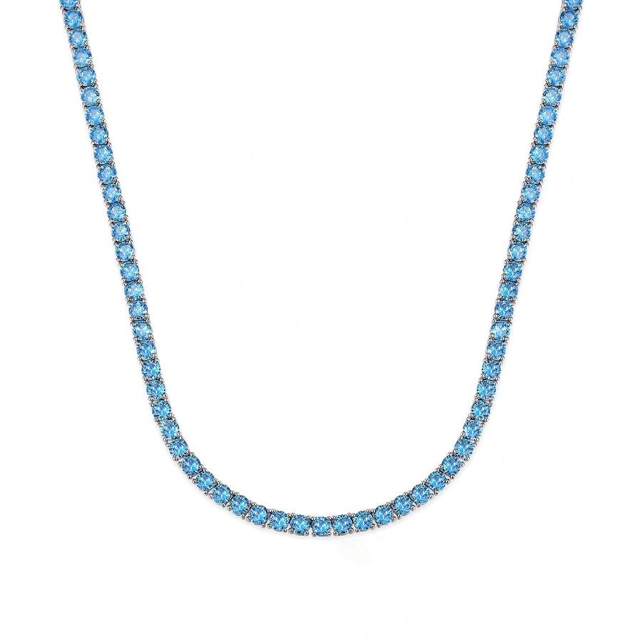 MDFUN Collar de tenis de oro blanco de 18K chapado con circonita cúbica azul cielo, collares de cadena única con circonita cúbica redonda de 5mm para mujeres - Azul - Ver 1