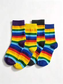 1 Pair 3 Pairs 4 Pairs 7 Pairs Street Style Rainbow Striped Mid-Calf Socks, Color Block Patchwork Casual, Color Block Cuff, Unisex All-Season Wear Mid-Calf Socks - Multicolor - View 17