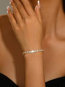 1pc Women's Tennis Bracelet, Single Row Sparkling Rhinestone Thin Chain, Stackable, Summer Daily Wear, Wedding Bridal Accessory - Multicolor - View 10
