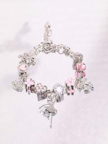 1pc Women's Silver Tone Pink Floral Heart Bow Rhinestone Charm Bracelet - Multicolor - View 4