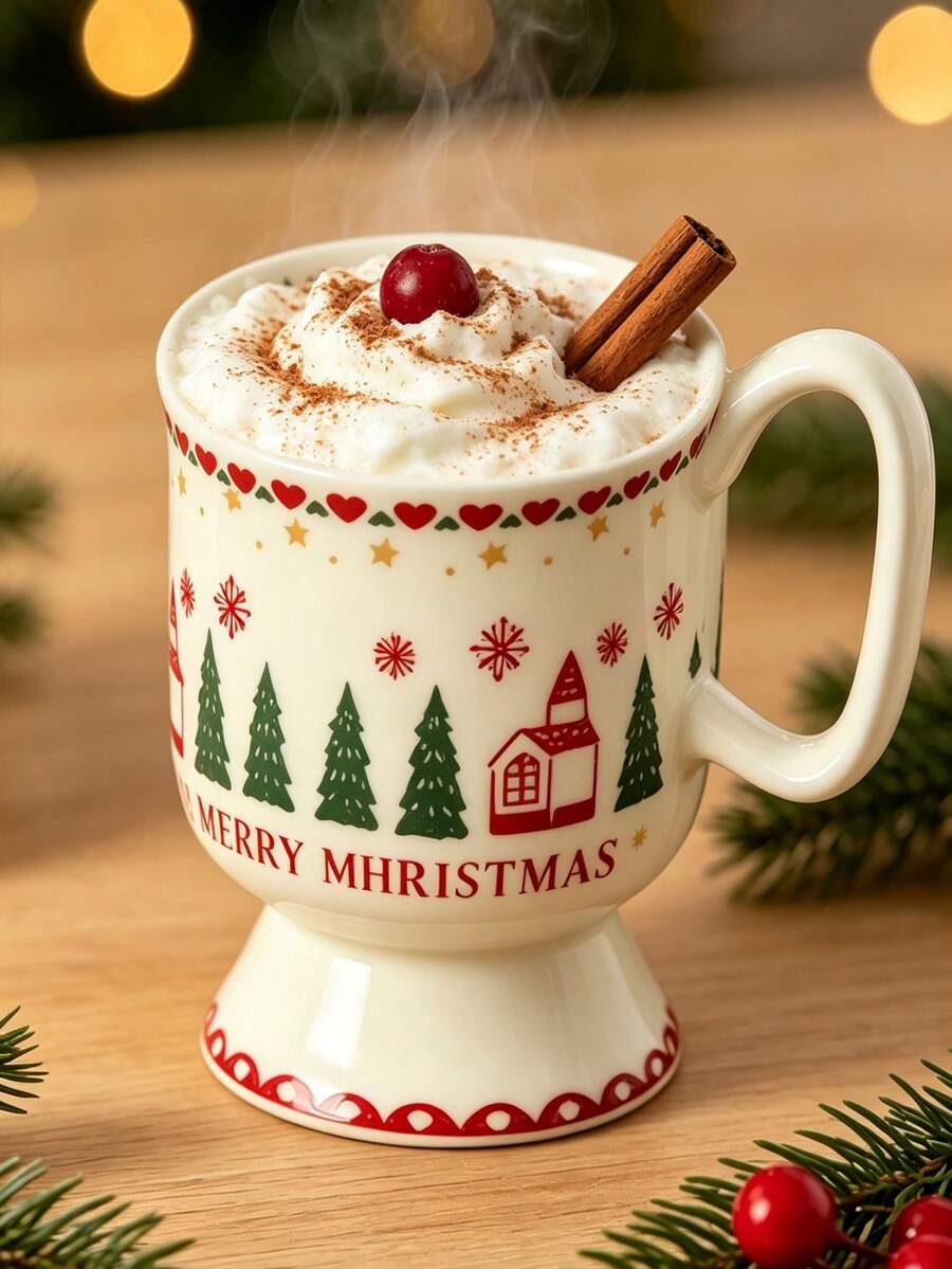 1pc Aesthetic Vintage Christmas Ceramic Mug, Retro Footed Hot Chocolate Coffee Cup With Tree & Reindeer Pattern, Festive Xmas Gift Drinkware - Christmas Ceramic Mug - View 1