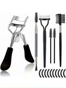 6pcs Stainless Steel Eyelash Curler Set Eyebrow Kit, Suitable For Eyelash Curler, Eyelash Comb, Eyelash, Double-Ended Angled Eyebrow Brush, Eyebrow Brush, Silicone Refill Pad, For Eyelashes And Eyebrows - Black - View 1