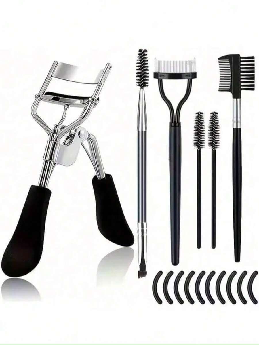 6pcs Stainless Steel Eyelash Curler Set Eyebrow Kit, Suitable For Eyelash Curler, Eyelash Comb, Eyelash, Double-Ended Angled Eyebrow Brush, Eyebrow Brush, Silicone Refill Pad, For Eyelashes And Eyebrows - Black - View 1