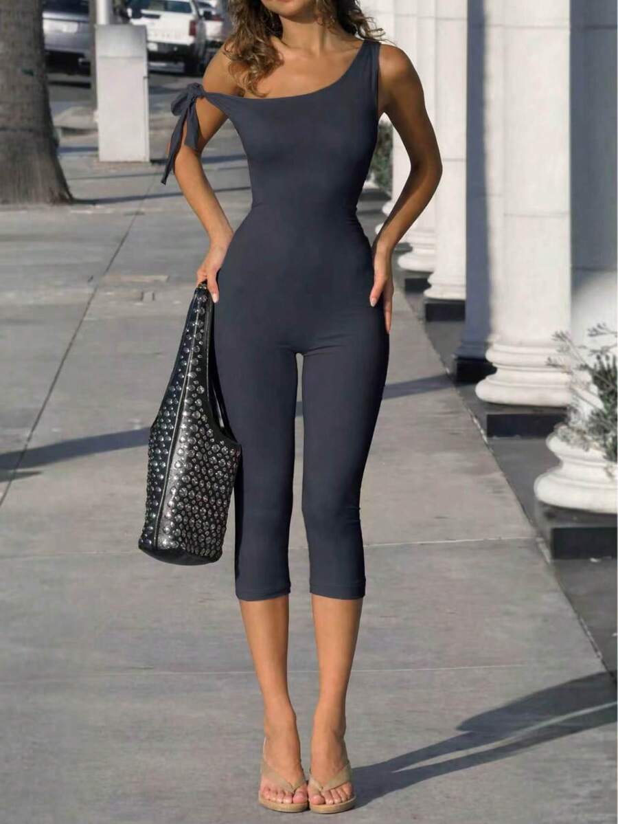 VIVINA 女款秋季時尚純色不對稱肩綁帶修身極簡百搭日常設計連身褲,週末出遊連身褲,秋季女裝,優雅服飾 - 深灰色 - 查看 1