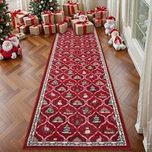 1Pc Red Christmas Pattern Runner Rug, Machine Washable Low Pile Long Hallway Carpet, Non Slip Festive Floor Mat With Snowman, Xmas Tree, Deer Print, Holiday Decor Rug For Kitchen Entryway Laundry Room Bedroom Home Decor - A - View 4