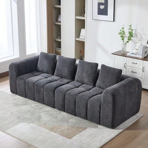 أريكة زاوية معيارية من قطعتين (رمادي داكن، 260x94.5x80 سم)، رغوة عالية الكثافة، تجميع بدون أدوات، قماش مخملي مع مساند ذراعين، أريكة ذات مقعد عميق - رمادي غامق - مشاهدة 1