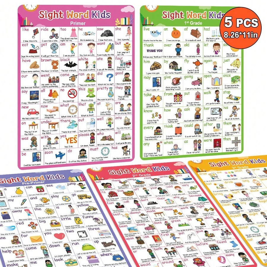 Lachilly 5件組 A4 英文 220個常用字海報 大字卡 英文居家學習用品 教育海報 適合幼兒學習 兒童玩具
