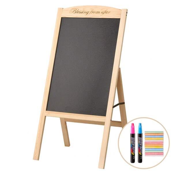 EZIFY Lavagna pieghevole e liscia, supporto a cavalletto in legno, montaggio senza attrezzi e senza forature, cartello da esterno con 2 pennarelli al neon e gesso, superficie antipolvere e facile da pulire, lavagna pubblicitaria riscrivibile per bar, ristoranti, matrimoni e negozi.