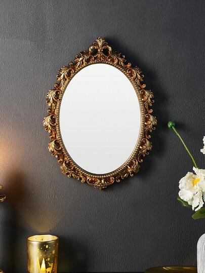1PC French Oval Decorative Mirror, Resin 3D Embossed Wall Hanging Mirror, Vintage Gilded Wall Mirror, French Wall Makeup Mirror, Luxury Soft Decor Mirror, Palace Vanity Mirror, Hallway Wall Hanging Mirror, Craft Wall Decor, Wedding Room Decorative Mirror, Suitable For Entryway Decoration, Fireplace Backdrop, Window Display, Holiday Hanging Decor, Housewarming Opening Gift Hanging Mirror, Photography Prop