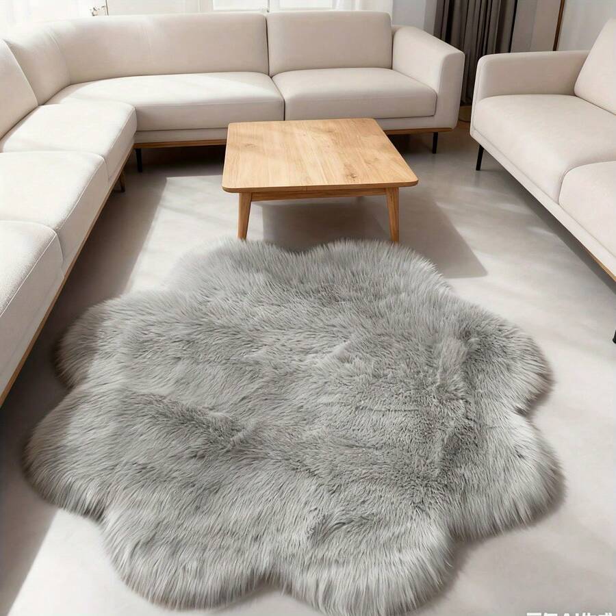 1pc Grey Floral Long Pile Faux Fur Rug, Bedroom Carpet, Living Room Rug, Door Mat, Small Rug, Carpet, Floor Mat, Home Decor, Area Rug, Outdoor Mat, Home Decor, Area Carpet, Bedroom Carpet, Washable Rug - Light Grey - View 1