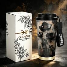 1/5pcs 18oz Stainless Steel Coffee Tumbler, Black Vintage Dark Gold Dead Branch Black Peony Gothic Oriental Print Travel Mug, Multi-Function Flip Straw Lid, Black COFFEE Lanyard Strap, Ideal Gift For Dark Gothic Retro Chinese Style Fans - Flower-4 - View 12