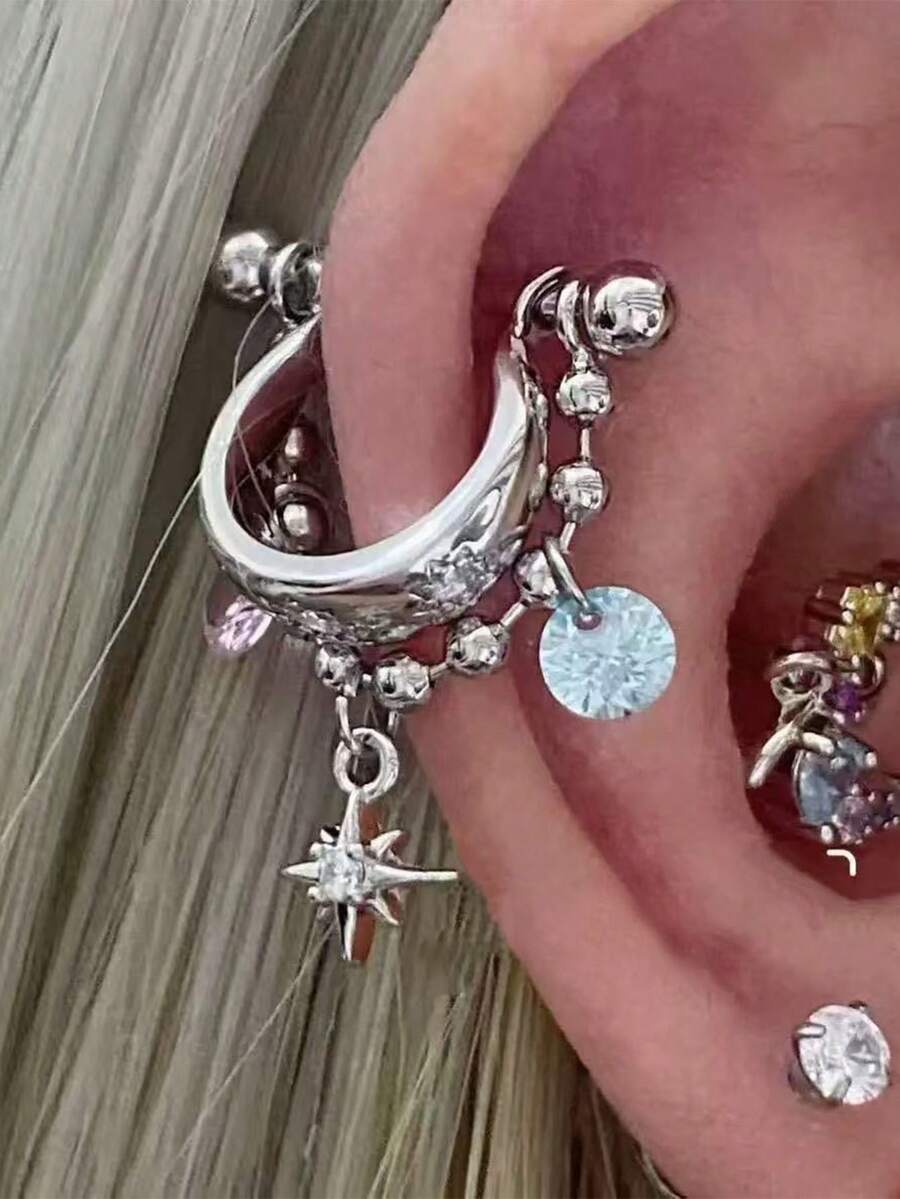 1件316L不锈钢星形立方氧化锆耳夹，Y2K朋克风耳软骨穿刺饰品，女士款 - 銀色 - 查看 1