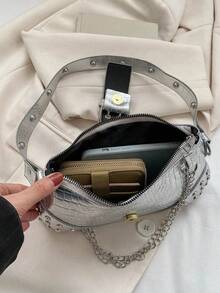 Fashionable Unique Design Chain New Women's Gothic Style Rivet Crossbody Bag Shoulder Bag Handbag Solid Color Rivet Chain Crossbody Bag - Silver - View 6