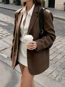 Women's Autumn/Winter Fashion Light Commute High-Quality Oversized Padded Shoulder Cuff Slit Single-Breasted Mid-Length Long Sleeve Blazer Jacket With Lining - Coffee Brown - View 5