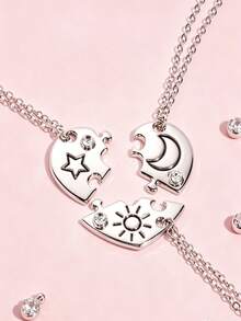 3pcs/Set Children's Jewelry Sun Moon Star Matching Necklace Silver Rhinestone Best Friend Friendship Gift - one-size - View 4