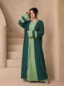 Fashionable Versatile Ice Silk Crinkled 4-Piece Set Women's Elegant Sleeveless Long Robe + Abaya Cardigan Long Robe + Scarf + Waist Rope Set, Soft Skin-Friendly Sun Protection Muslim Clothing Shawl - Green - View 4