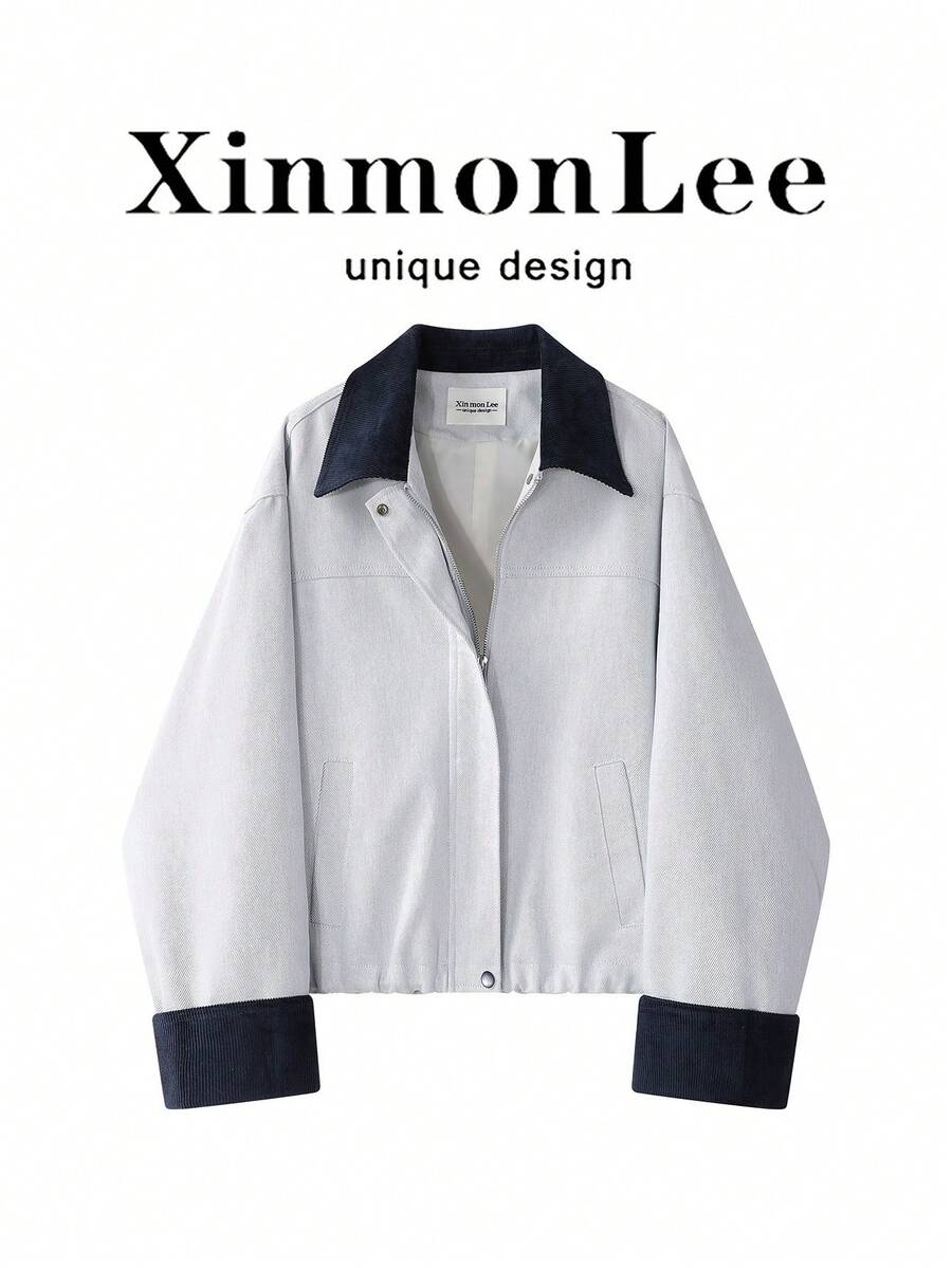 Women's Colorblock Zipper Casual Versatile Daily Long Sleeve Jacket - Light Grey - View 1