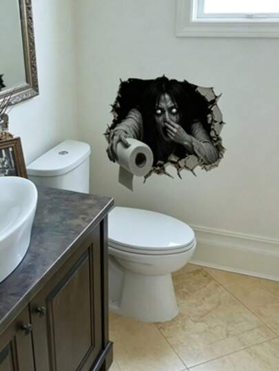 2D Flat Design – Set Of 2 Spooky Ghost Toilet Decals; Removable PVC Stickers Featuring A Female Ghost Emerging From A Crack; Fun, Scary Prank Decals For Bathroom And Toilet Decoration.