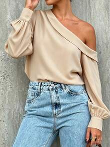 IGKEEL Women's Autumn/Winter Blouse, Apricot Asymmetrical Shoulder Elegant Slimming Commuter Top, Suitable For Commute/Work/Business, Elegant Women's Clothing - Apricot - View 4