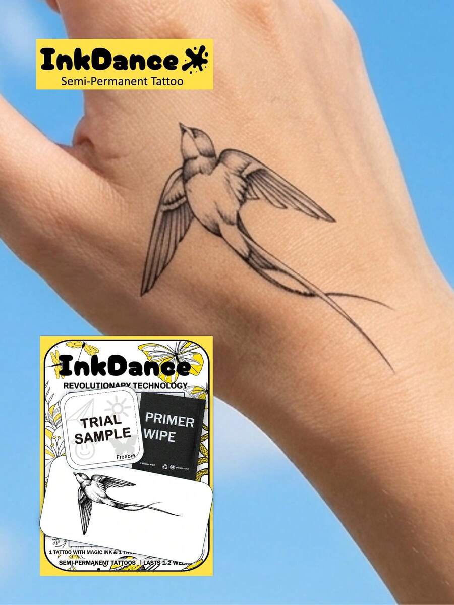 1 Set "Swallow" New Technology Tattoo Stickers, Semi-Permanent, Delicate Fine Line Vintage Bird Temporary Tattoo Stickers, Waterproof Long-Lasting Realistic Design, Plant-Based Formula, InkDance Ink Dance, Gift X077 - Black - View 1