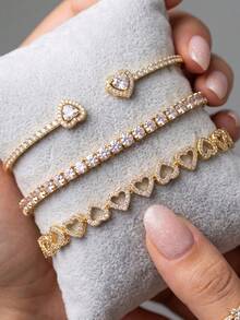 1 Set Fashion Heart Hollow Women's Bracelet 3 Pieces Set, Gold-Plated Glamorous Shiny Jewelry, Versatile Accessory For Party, Travel, Anniversary, Birthday Gift For Girlfriend - Jewelry Set - View 3