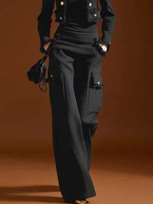 Women's Black Non-Stretch Polyester Wide Leg Pants With Utility Pocket Details - Black - View 2