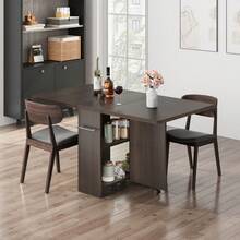 Drop Leaf Folding Dining Table With 6 Wheels And 2-Layer Storage Shelf,Space Saving Rolling Table For Small Spaces - Walnut - View 1