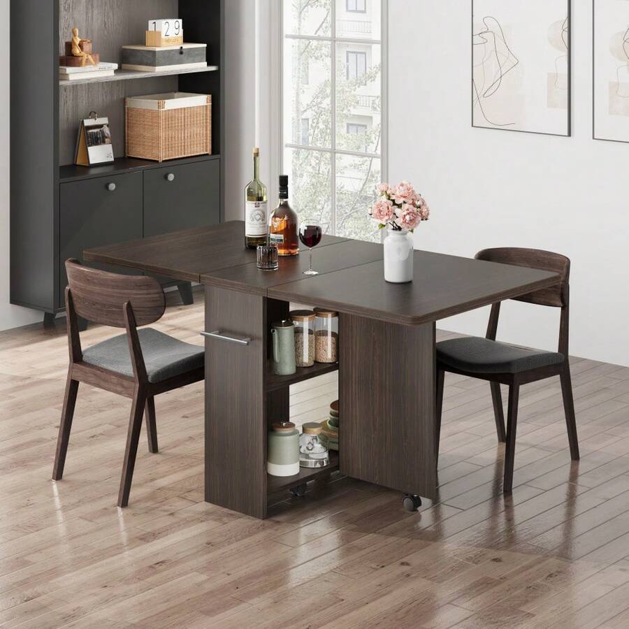 Drop Leaf Folding Dining Table With 6 Wheels And 2-Layer Storage Shelf,Space Saving Rolling Table For Small Spaces - Walnut - View 1