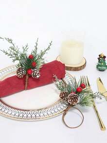 4pcs Christmas Snowflake, Pine Needle & Pine Cone Napkin Rings, Table Decor With Cedar And Red Berries, Suitable For Christmas, Thanksgiving, Christmas Eve And Themed Party Decoration - Multicolor - View 2