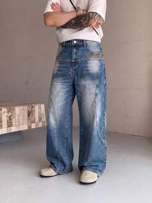 1pc Men's Loose Wide Leg Denim Jeans, Multi-Craft Design, Fashion Versatile, Suitable For All Seasons - Blue - View 3