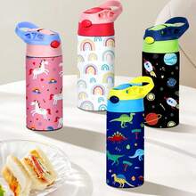 Yocity 1pc 12oz Stainless Steel Mug With Handle, Cute Cartoon Pattern Double Wall Water Cup With Lid And Straw, Suitable For Outdoor, Camping, Travel - Multicolor - View 4