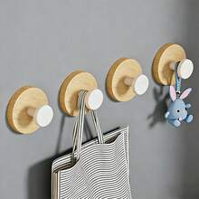 1/4/8Pcs Dual Color Round Wood Wall Hanging Hooks, No Drill Strong Adhesive Decorative Knob Hooks, Nordic Style Home Organizer Hooks For Bathroom Closet Entryway Use - Multicolor - View 6