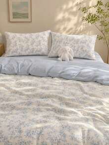 Ensemble de housse de couette bleu clair à motif floral de vigne, comprend 1*Housse de couette+1*Drap de lit+2*Taies d'oreiller, imprimé de plante en peinture à l'huile bleue, décoration de chambre belle et confortable, convient pour toutes les saisons, 100% polyester, housse de couette et taies d'oreiller sans rembourrage - Bleu ciel - Voir 5