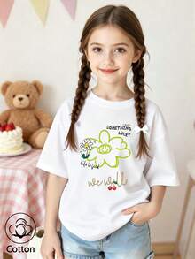 Summer & Autumn Girls' Cotton Short Sleeve T-Shirt, Cute Sweet Girly Preppy Style With Fun Printed Graphics - White - View 3