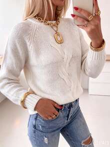 Plus Size Women's Cable Knit Hollow Textured Ribbed Cuff Raglan Long Sleeve Round Neck Short Loose Chunky Knit Pullover Sweater, Vintage Fall White - White - View 2