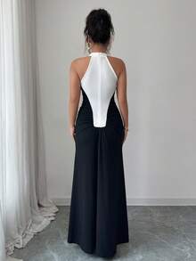 Women Black White Halter Maxi Dress, Color Block Ruched Pearl Button Summer Fall Back To School Y2K Formal Slim Dress - Black - View 2