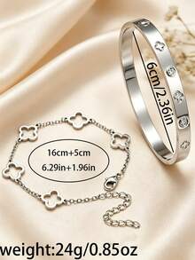 2pcs Small Niche Minimalist Clover Chain Bracelet Made Of Stainless Steel Plated With 18K Gold Embossed Bracelet For Dating And Commuting - Silver - View 4