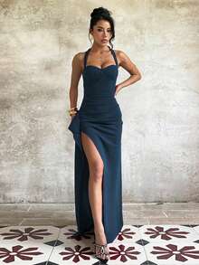 Women's Elegant Deep Blue Halter Neck Tie-Up Bust-Enhancing Slit Ruffle Dress, Suitable For Graduation Season Party - Dark Wash - View 5
