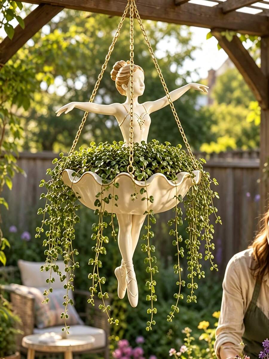 1件芭蕾女孩吊掛花盆裝飾，戶外裝飾工藝品，創意花園庭院裝飾，可愛裝飾花盆，適用於多肉植物、攀緣植物，露台、門廊與花園裝飾，居家裝飾園藝禮物