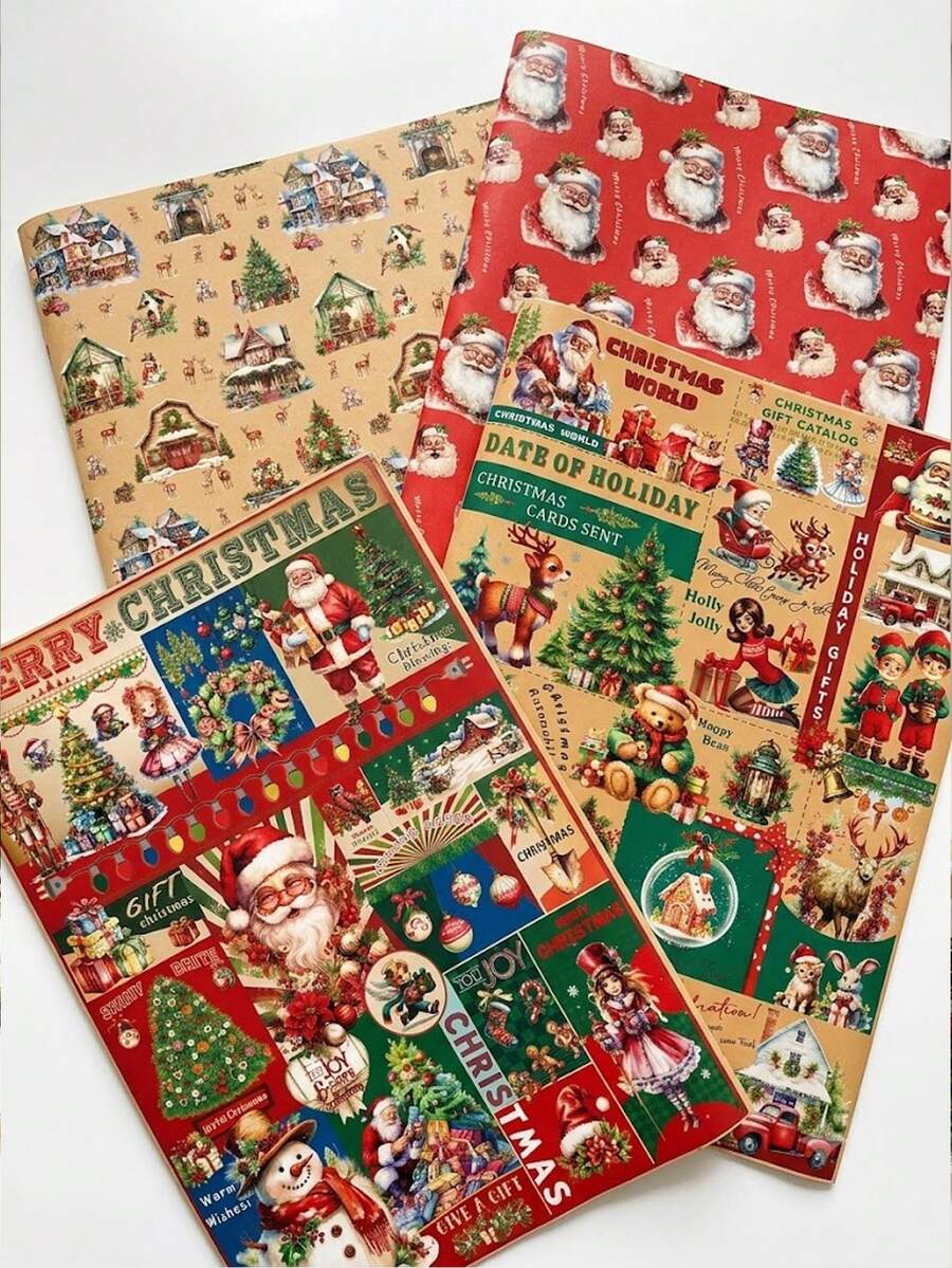 12pcs Vintage Christmas Collage Print Gift Wrapping Paper Set, Merry Christmas Holiday Winter New Year Wrapping Paper, DIY Handmade Gift Wrapping, Suitable For Indoor Living Room Tabletop Decoration, Bouquets And Christmas Party Favors