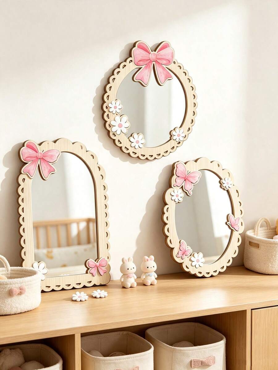 1pc Multi-Style Bow 2D Wooden Mirror Sticker, Hanging Decor, Baby Essentials, Girl Baby Supplies, Newborn Necessities, Room Decoration - Multicolor - View 1