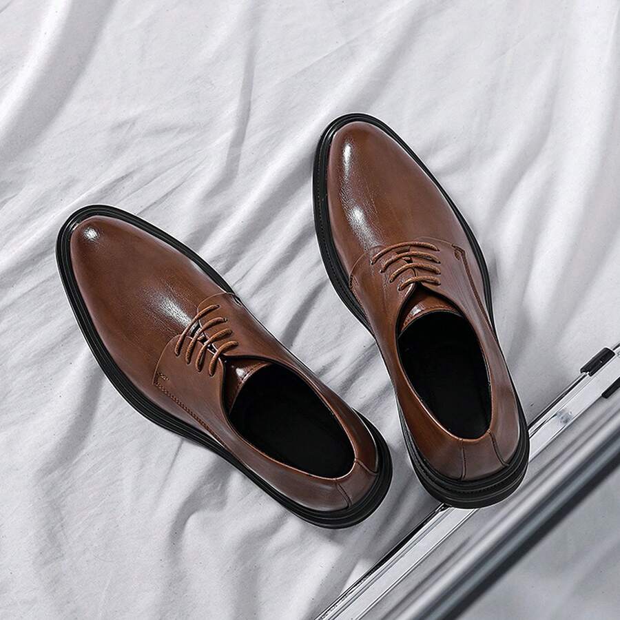 Men's Lace-Up Derby Shoes, Low Heel Round Toe Business Formal Dress Shoes, Daily Commute, Banquet, Casual - Brown - View 1