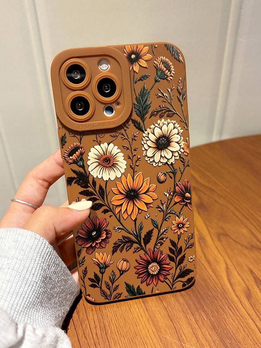 1 buah Casing Ponsel Motif Bunga Daisy Kuning Layar Penuh, Tanaman Hias, Pohon, Tanaman Hijau, Gaya Alami, Lucu, Modis, Vintage, Gaya Eropa Amerika, Gaya Gadis, Coklat Matte, Perlindungan Penuh, Tahan Guncangan, Lembut, Cocok Untuk Ponsel Apple/Galaxy - Coklat - View 1
