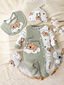 Cute Cartoon Koala Print Baby Boy Footed Jumpsuit + Hat + Bib + Gloves - Green - View 1