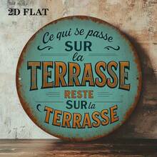 2D Flat, 1pc French "Terrasse" Teal And Rustic Green French Terrace Sign 8-Inch Round Vintage French Metal Plaque, Suitable For Outdoor French Cafe, Terrace, Balcony And Wall Decor (Random Hole Position) - A - View 5