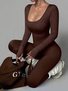 Seamless Shaping Jumpsuit - Ribbed Design & Tummy Control For Yoga, Running, Daily Wear - Coffee Brown - View 7